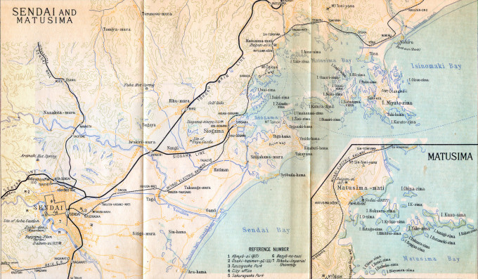 Map of Matsushima islands (inset) and Sendai. (Japan: The Official Guide, 1941)