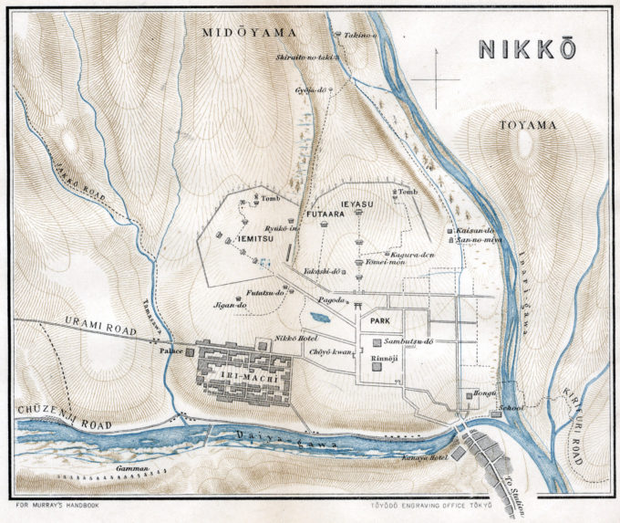 Map: Nikko, 1907, depicting the area surrounding Nikko village including the Nikko Hotel and the Kanaya Hotel.