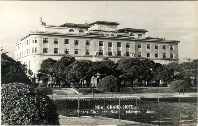 Exterior view of the Hotel New Grand during the Occupation Era (1945-1952). 