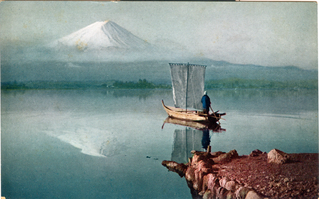 Reflected view of Mt. Fuji, c. 1920, upon the waters of Lake Ashi.