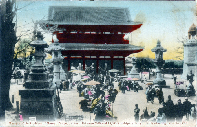 Temple of the Goddess of Mercy, Asakusa, Tokyo, c. 1910.