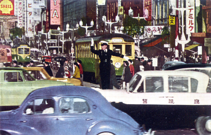 Ginza Crossing streetcars, Tokyo, c. 1960.