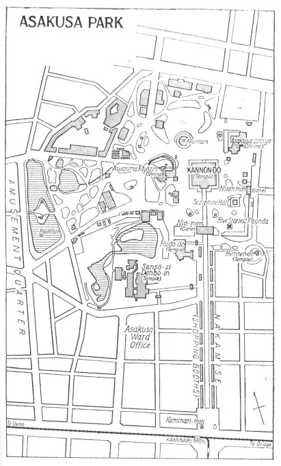 Map: Asakusa, showing the temple grounds, Hanayashiki, Asakusa Park, and Theater Street.