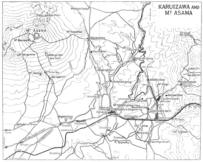 Map: Karuizawa and Mt. Asama. Kose Hot Springs is located north of Karuizawa and the Mikasa Hotel. (From "Japan: The Official Guide", 1941.)