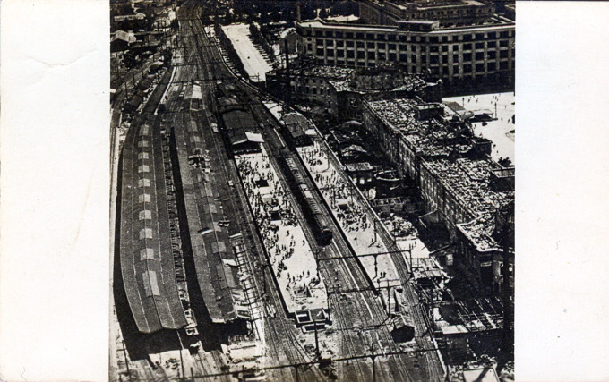 Aerial view of Tokyo Station, 1945. The entire third level of the terminal was destroyed in the May, 1945 firebombing of the capital.