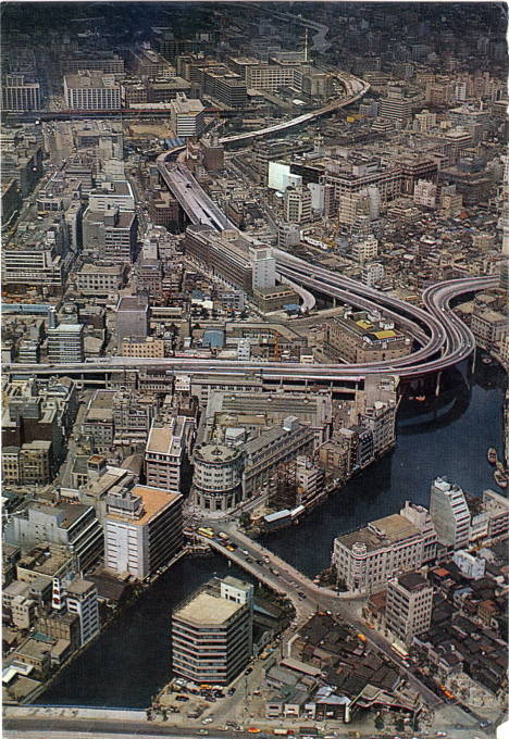 Aerial view, Tokyo Stock Exchange at Yoroibashi, c. 1970.