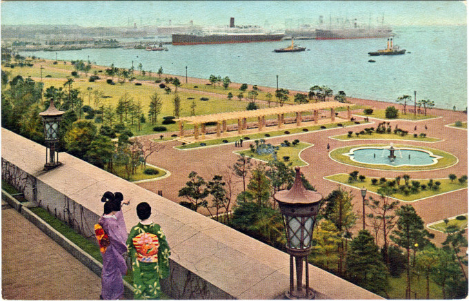 Yamashita Park and Yokohama harbor, from the roof of the New Grand Hotel, c. 1960.