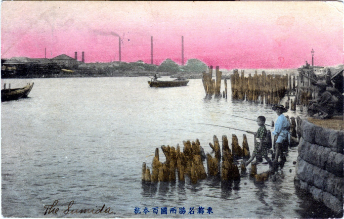 A fisherman along the shore of Sumida River at Hashiba, c. 1910.