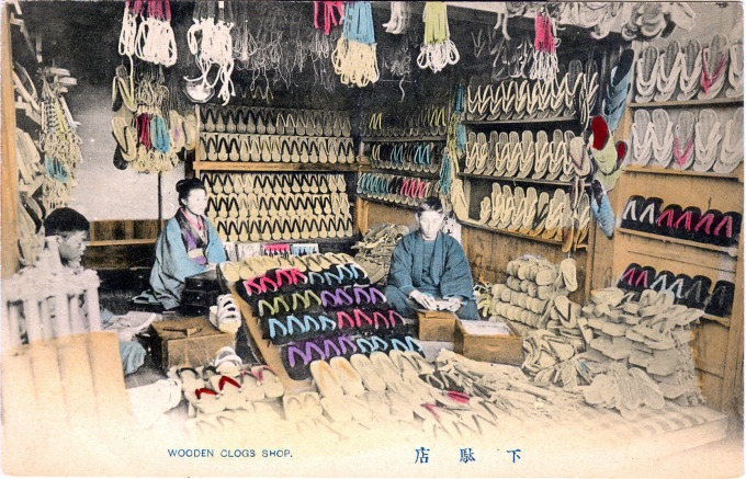 Wooden clogs shop, Japan, c. 1910.