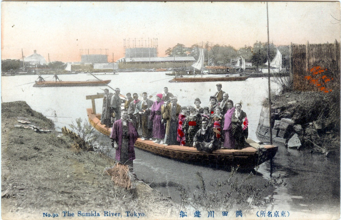 Sumida river ferry with passengers, c. 1910.