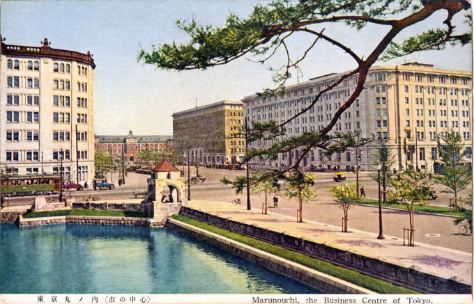Left to right: Kaijo Building, Tokyo Station, Marunouchi Building, Yusen Building, c. 1930.