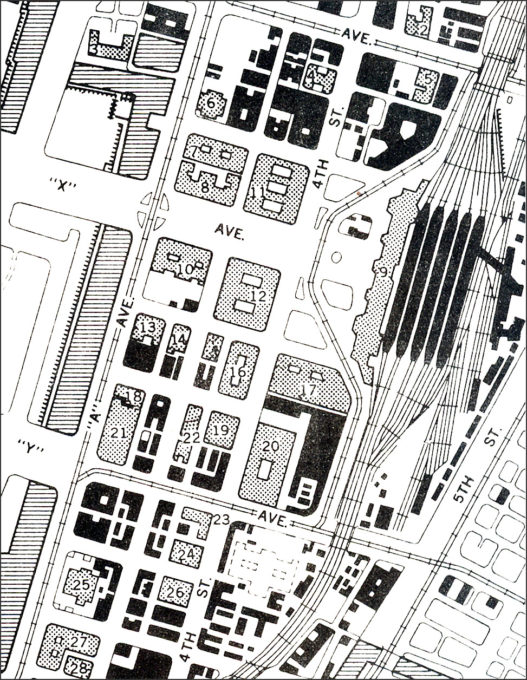 Map: Tokyo Central Station and the Marunouchi business district, c. 1952.