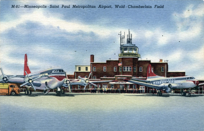 Minneapolis-St. Paul Wold-Chamberlain Field, c. 1949, depicting a NWA B-377 "Stratocruiser" and DC-4 in the "red tail" livery.