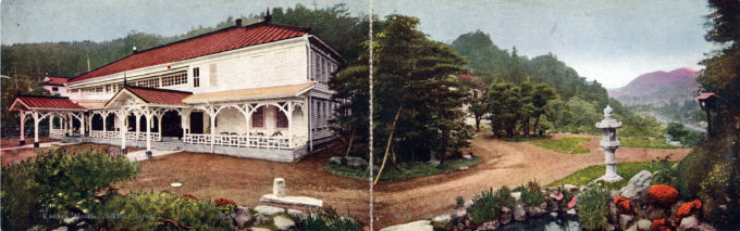 Panoramic view of the Kanaya Hotel, Nikko, and surrounding grounds, c. 1920.