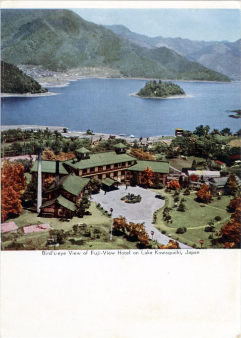 Aerial view, Fuji-View Hotel, Lake Kawaguchi, c. 1955.
