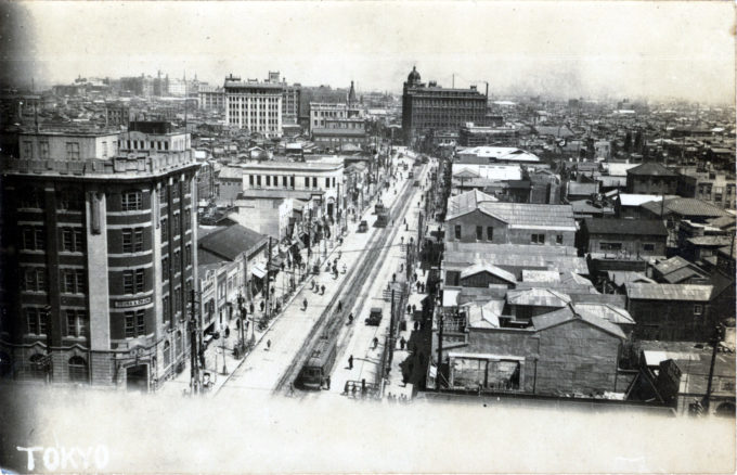 The Okura Co. headquarters (left) from the roof of the Matsuzakaya department store. In the distance is the Dai-ichi Sogo building at Kyobashi.