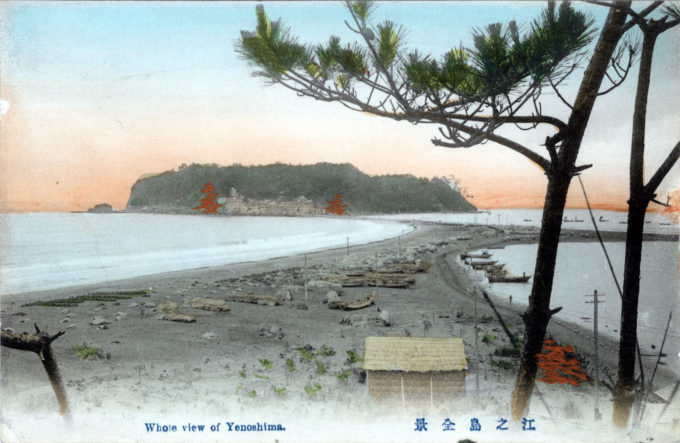 Enoshima at low tide, c. 1910.