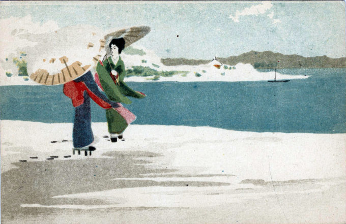 Geisha in <em>geta</em> on a beach, c. 1920. Anonymous artist.